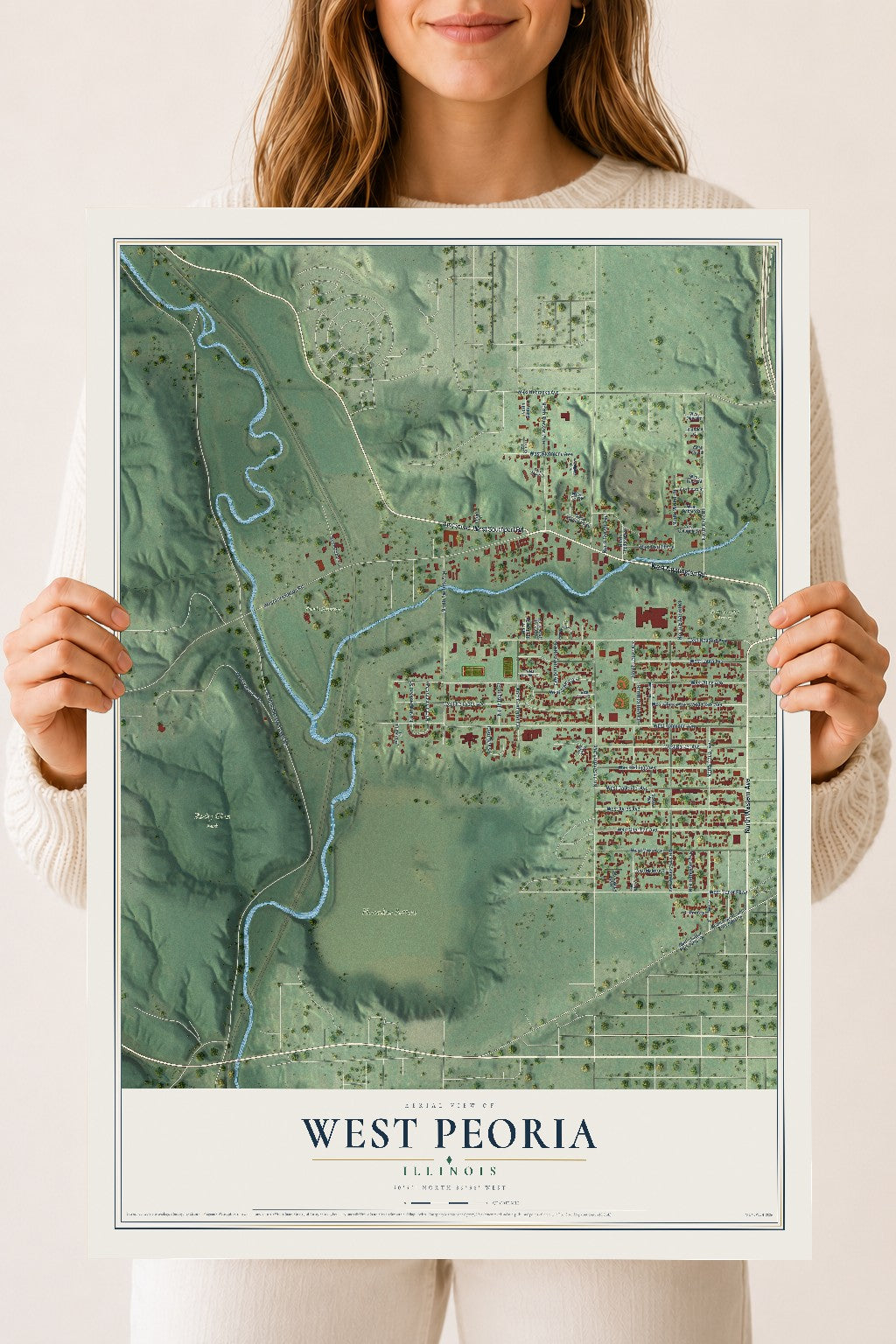 Map of West Peoria, Illinois, 18 x 24 inch unframed archival matte print