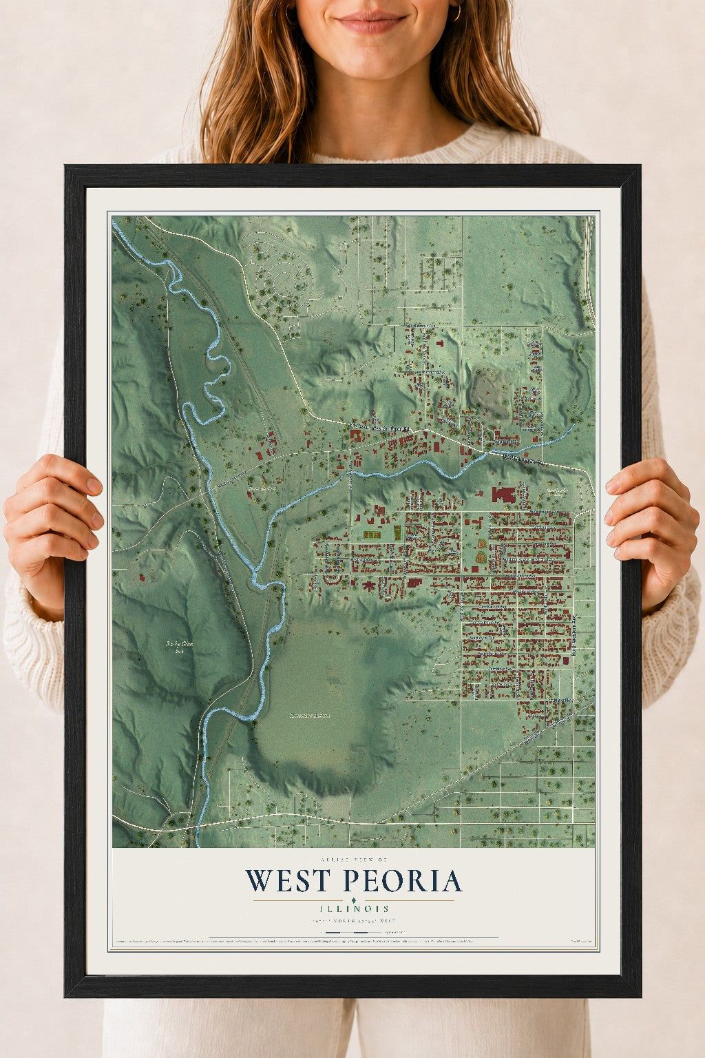 Map of West Peoria, Illinois, 18 x 24 inch print in a black wood frame