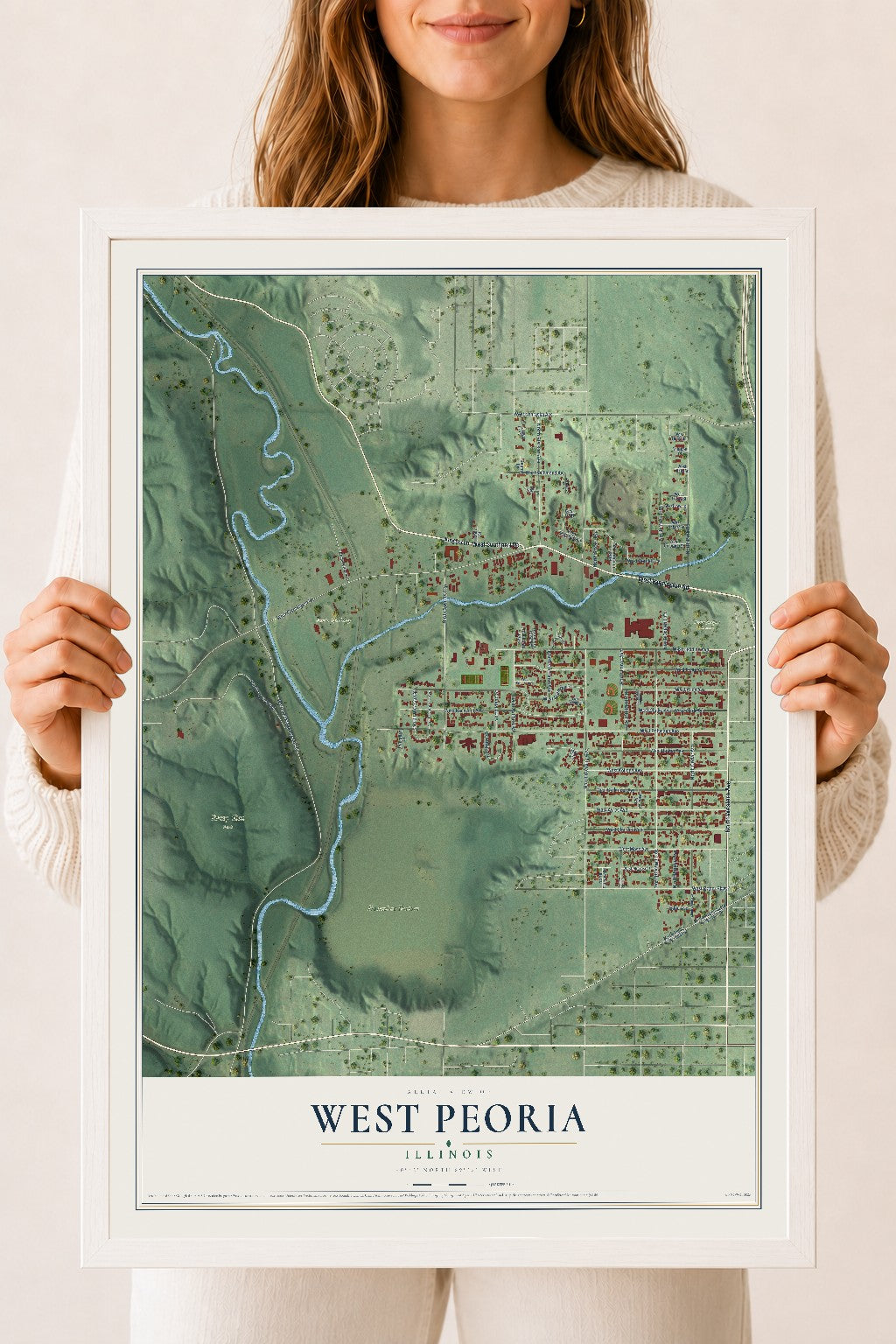 Map of West Peoria, Illinois, 18 x 24 inch print in a white wood frame
