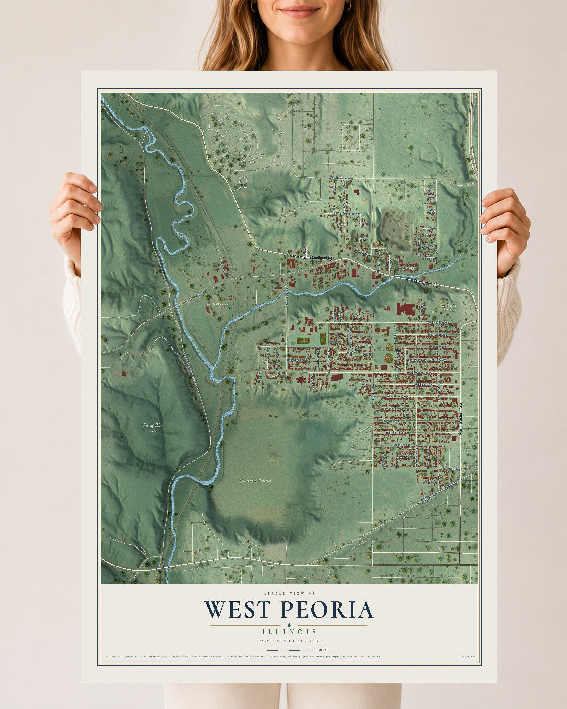 Map of West Peoria, Illinois, 24 x 36 inch unframed archival matte print