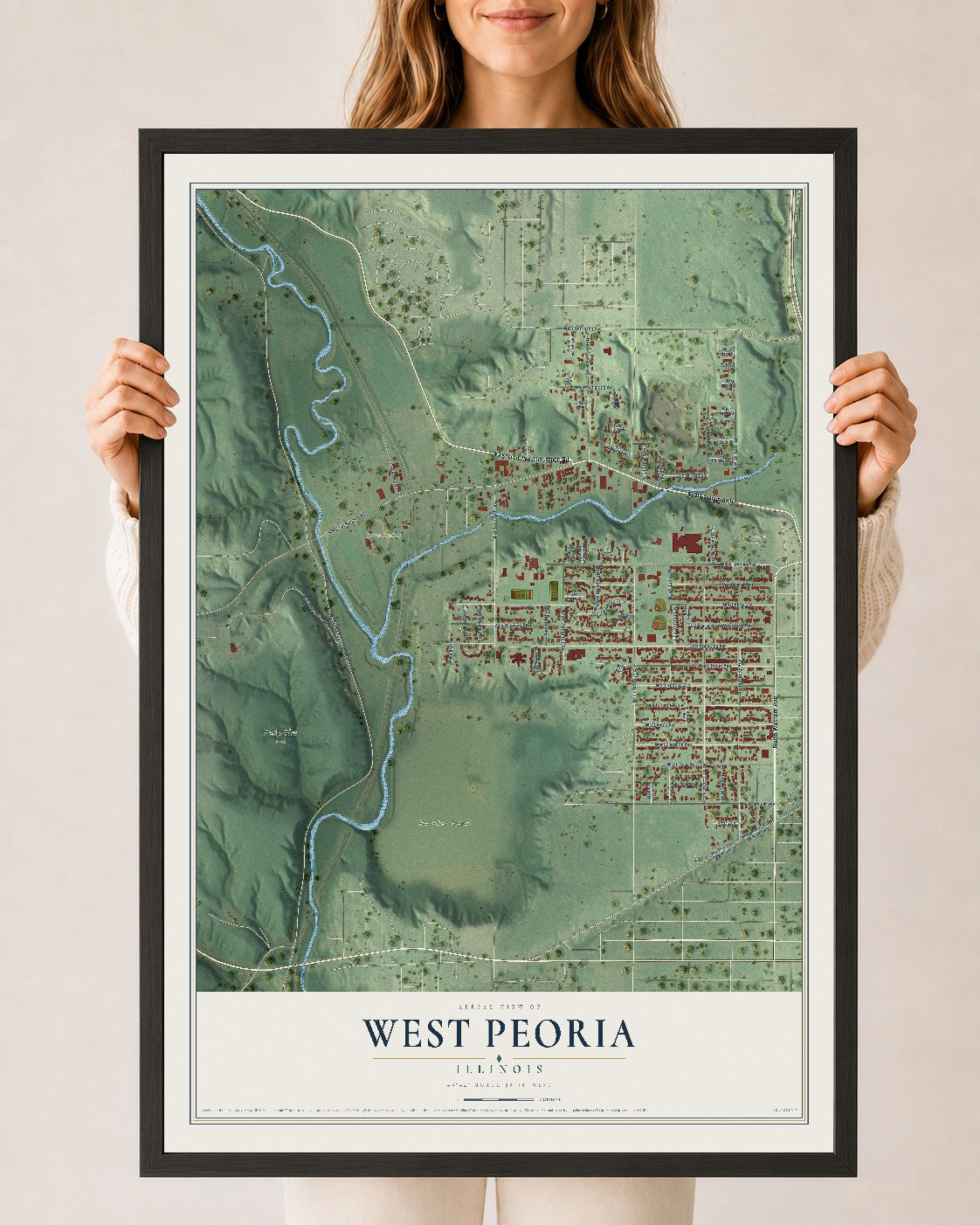 Map of West Peoria, Illinois, 24 x 36 inch print in a black wood frame