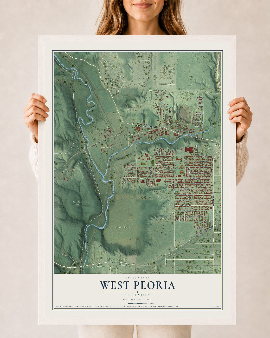 Map of West Peoria, Illinois, 24 x 36 inch print in a white wood frame