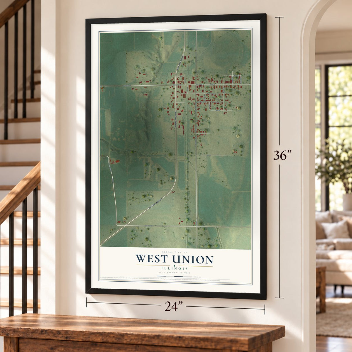 West Union, Illinois map, 24 x 36 inch print in a black frame by a staircase