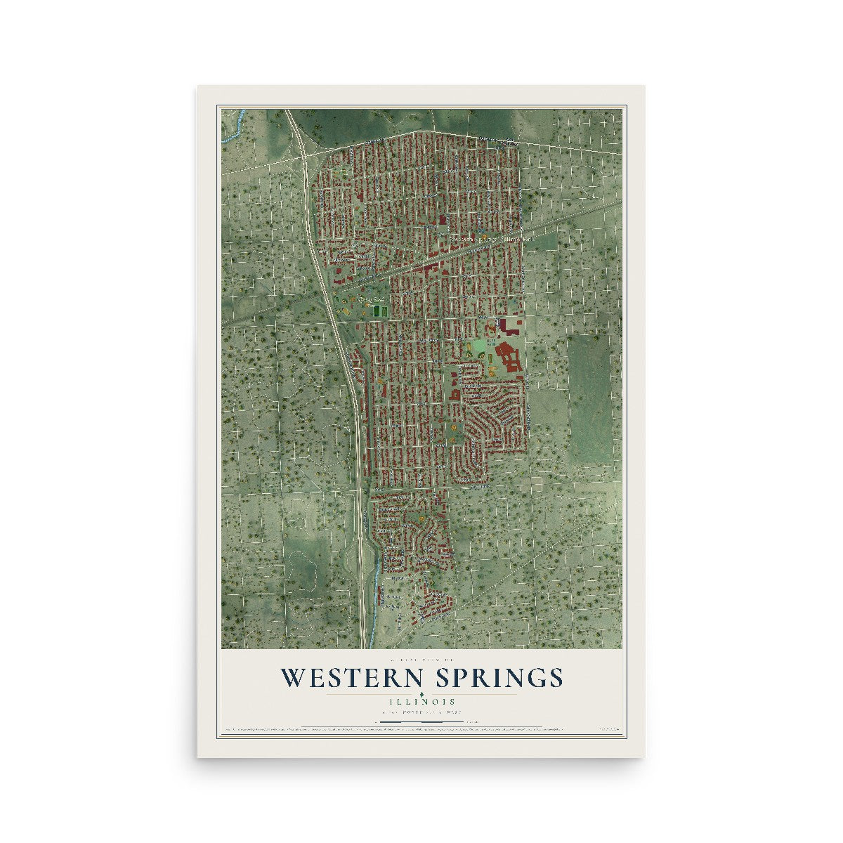 Map of Western Springs, Illinois, 12 x 18 inch unframed archival matte print