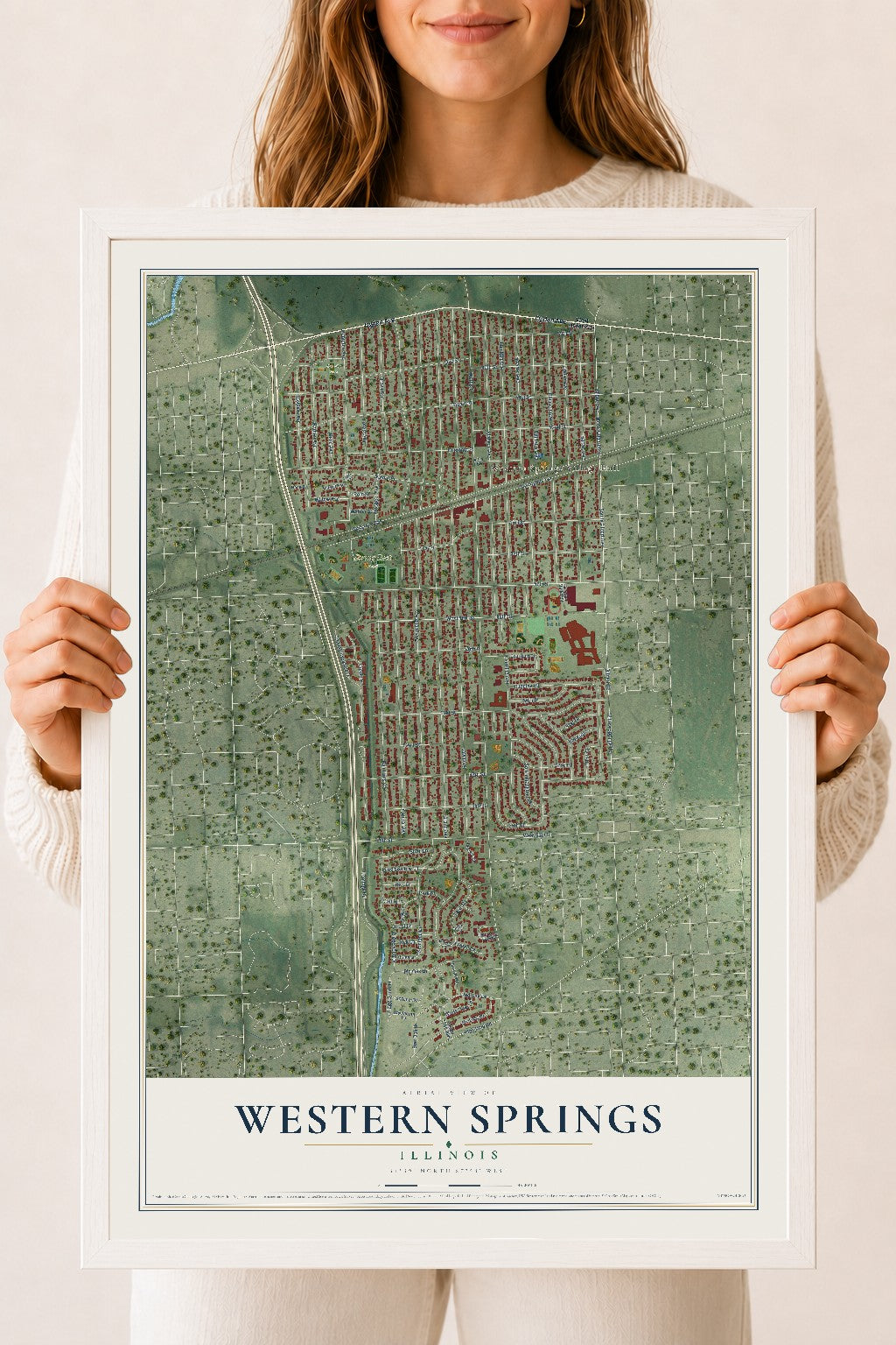 Map of Western Springs, Illinois, 18 x 24 inch print in a white wood frame
