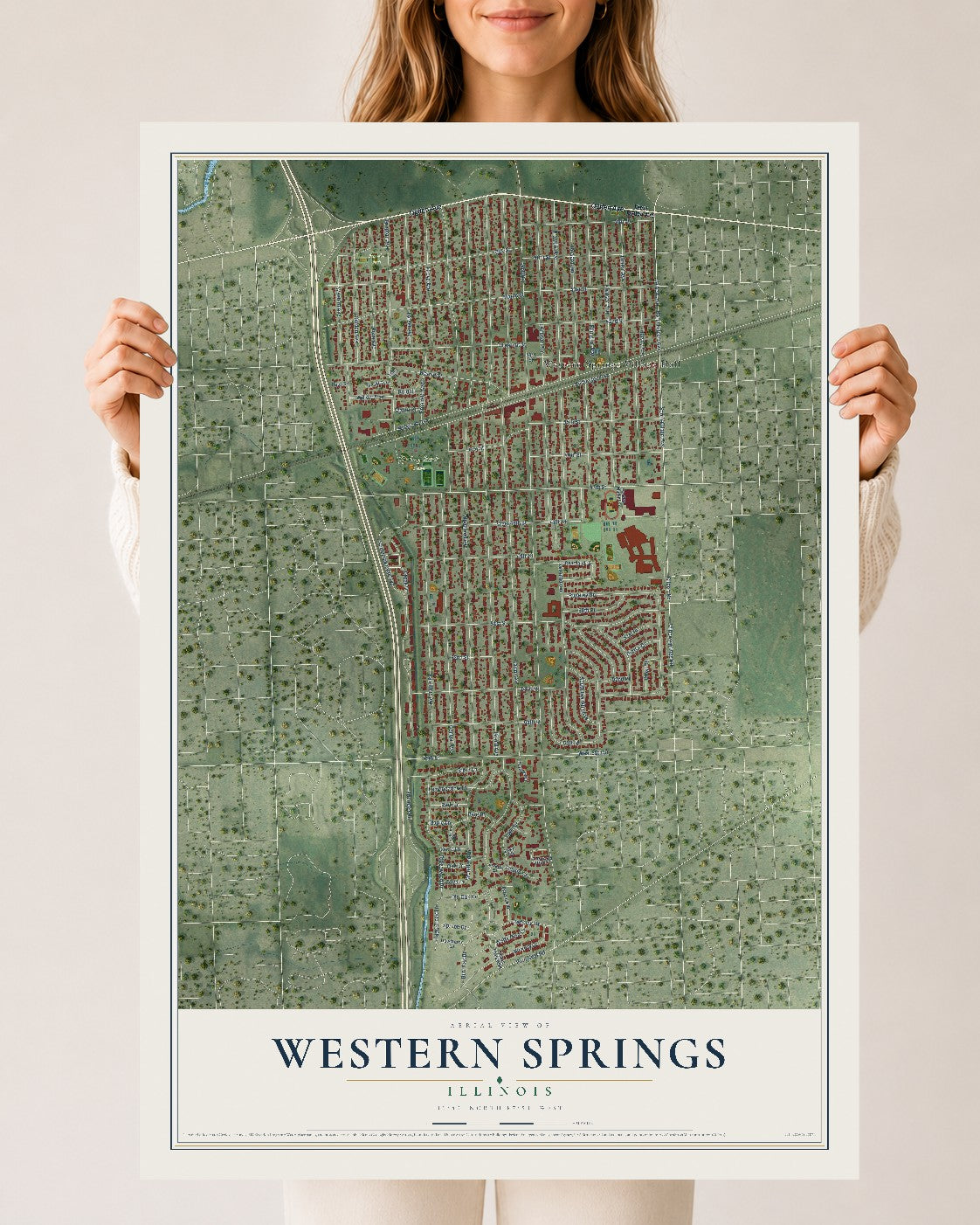 Map of Western Springs, Illinois, 24 x 36 inch unframed archival matte print