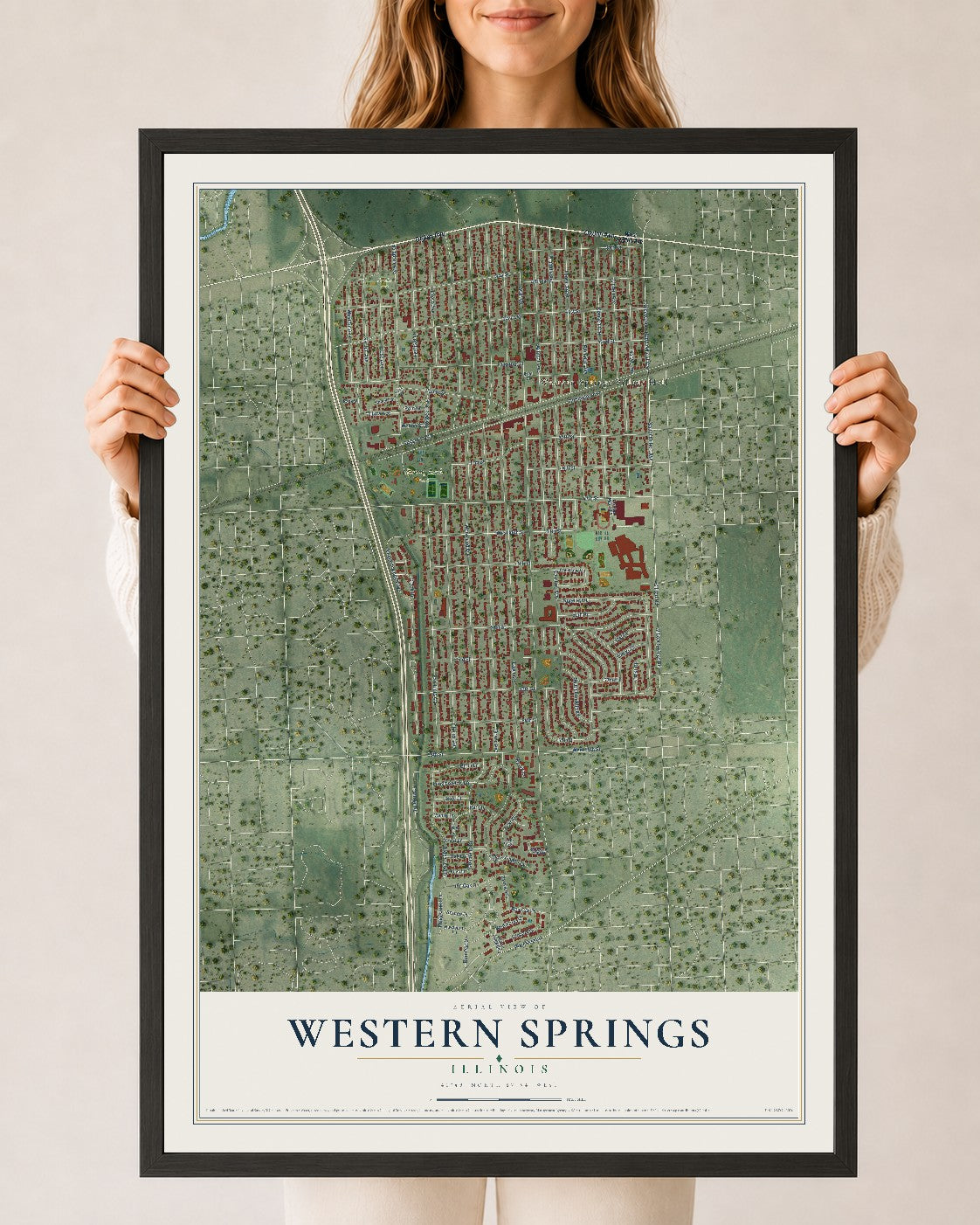 Map of Western Springs, Illinois, 24 x 36 inch print in a black wood frame