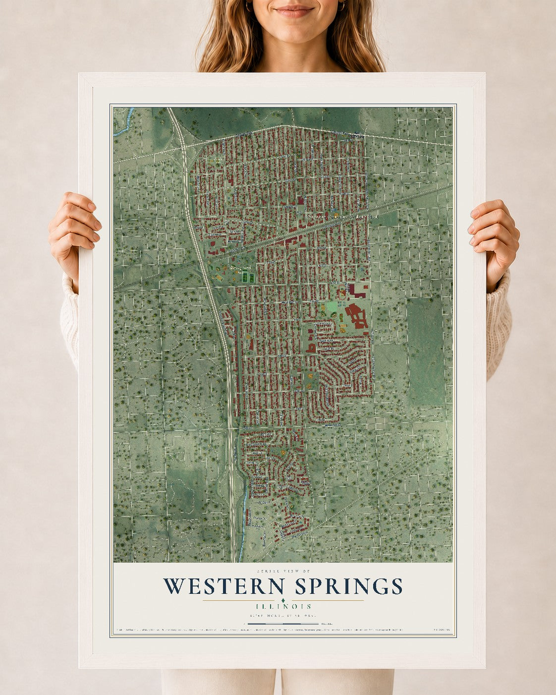 Map of Western Springs, Illinois, 24 x 36 inch print in a white wood frame