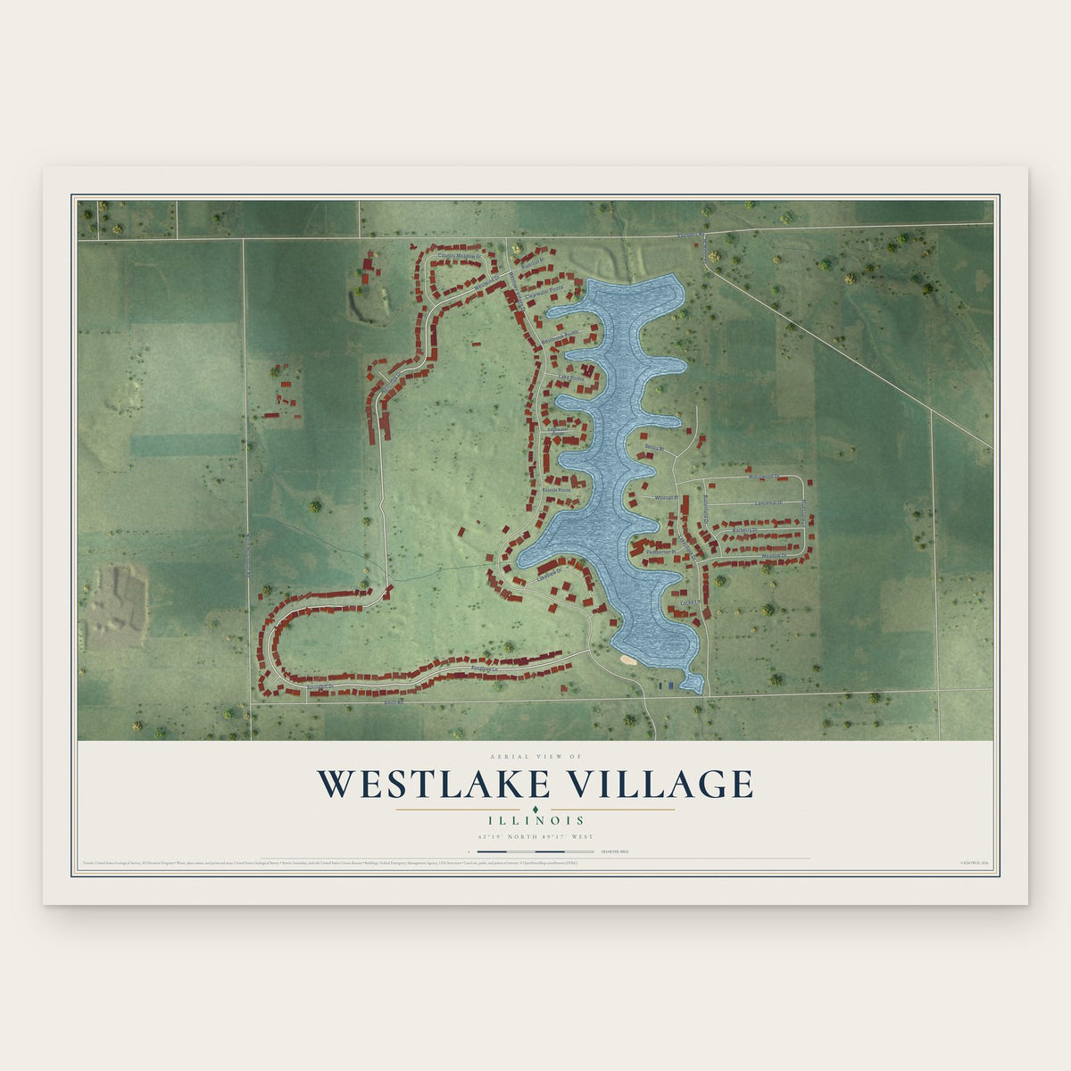 Westlake Village, Illinois map print, the full design