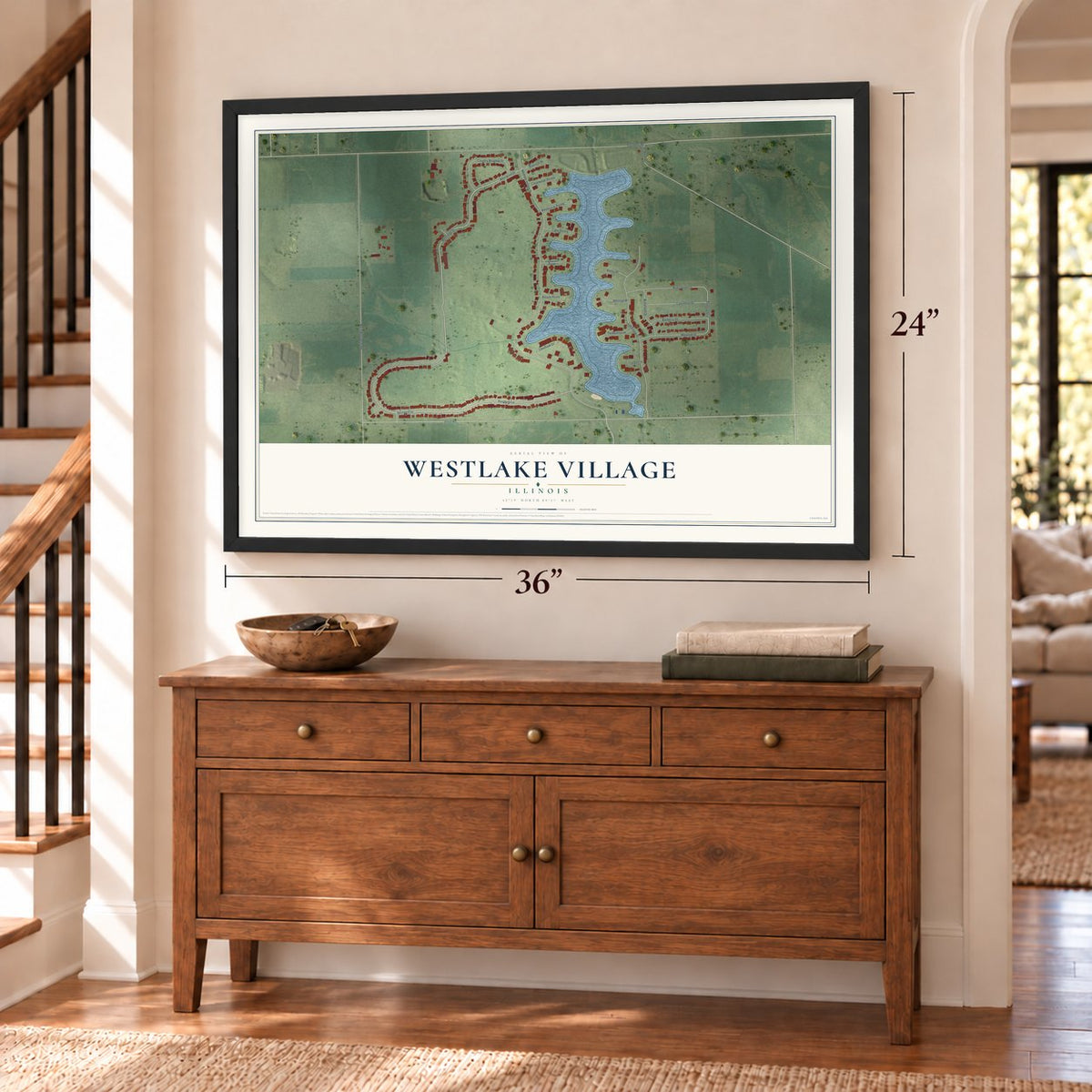 Westlake Village, Illinois map, 24 x 36 inch print in a black frame above a dresser by a staircase