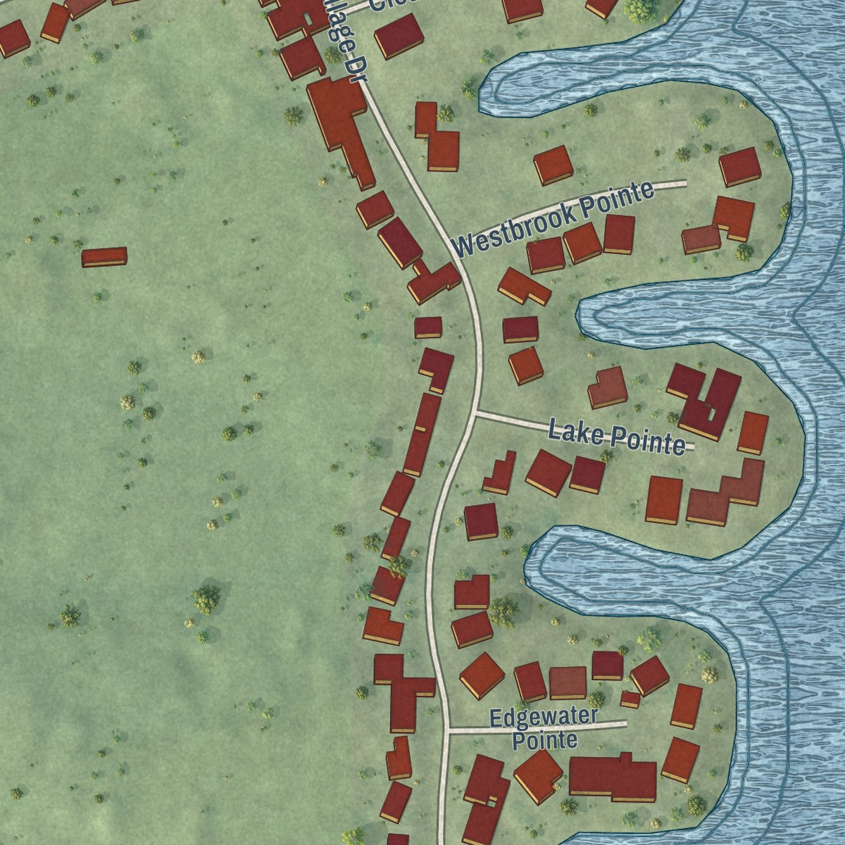 Close-up of the map of Westlake Village, Illinois print showing street and building detail