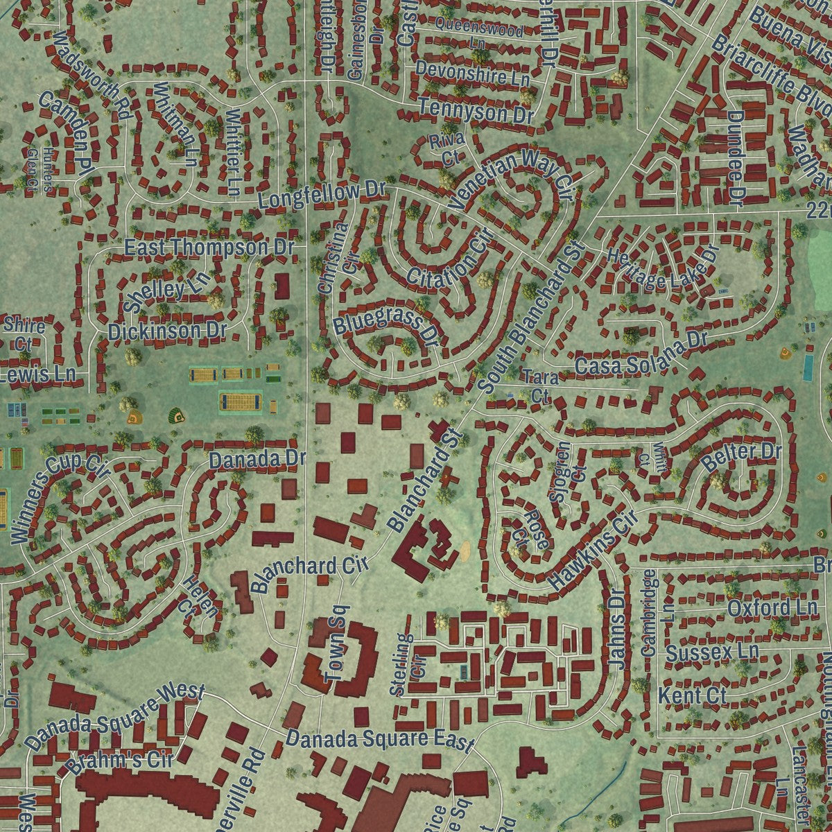 Close-up of the map of Wheaton, Illinois print showing street and building detail