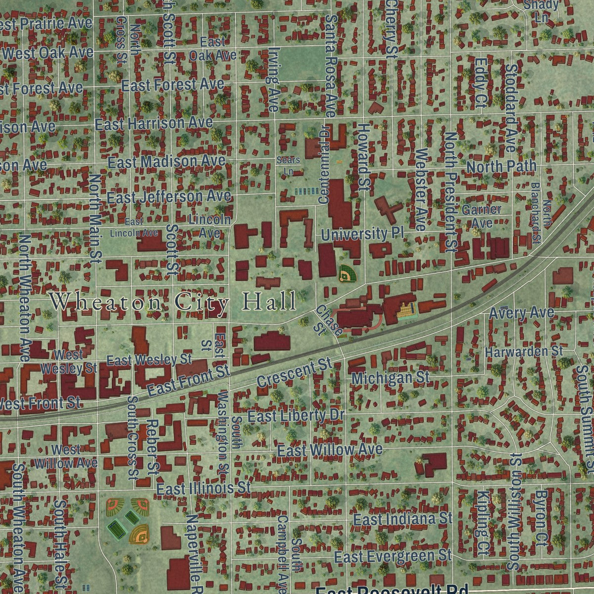 Second close-up of the map of Wheaton, Illinois print showing more streets and buildings