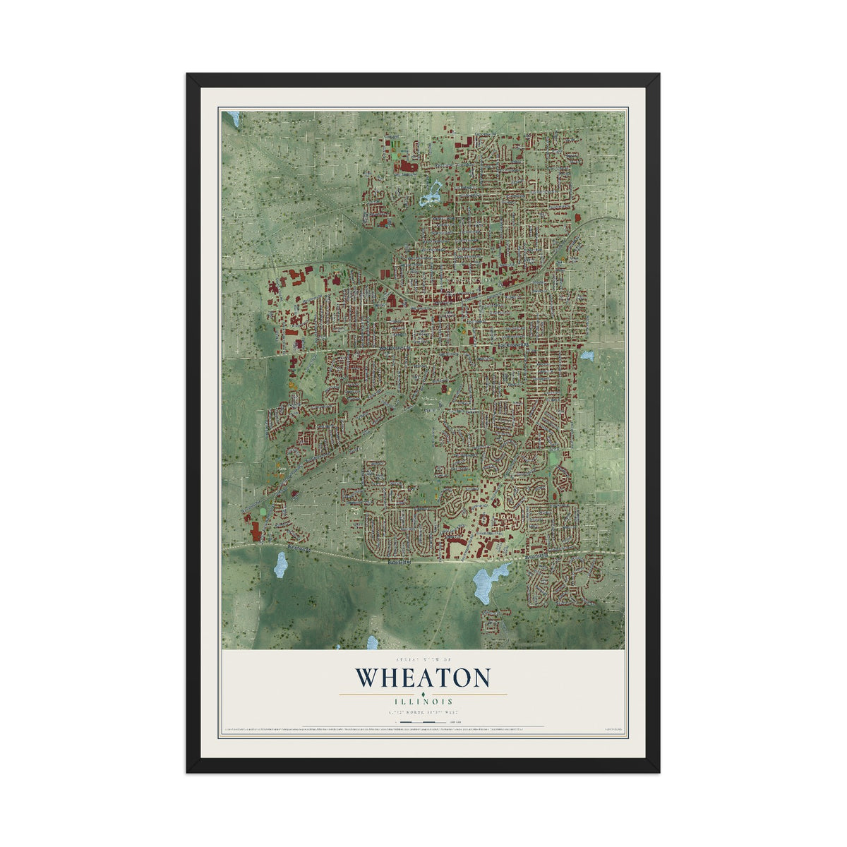 Map of Wheaton, Illinois, 12 x 18 inch print in a black wood frame