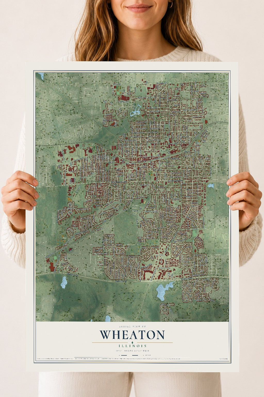 Map of Wheaton, Illinois, 18 x 24 inch unframed archival matte print