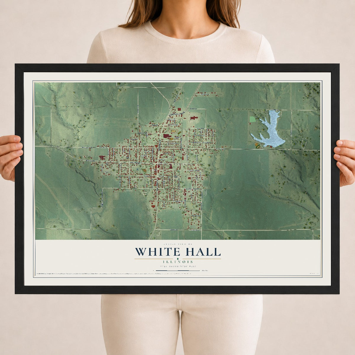 Map of White Hall, Illinois, 18 x 24 inch print in a black wood frame