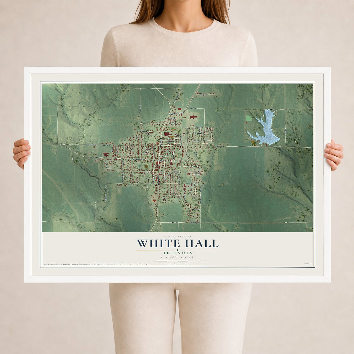 Map of White Hall, Illinois, 24 x 36 inch print in a white wood frame