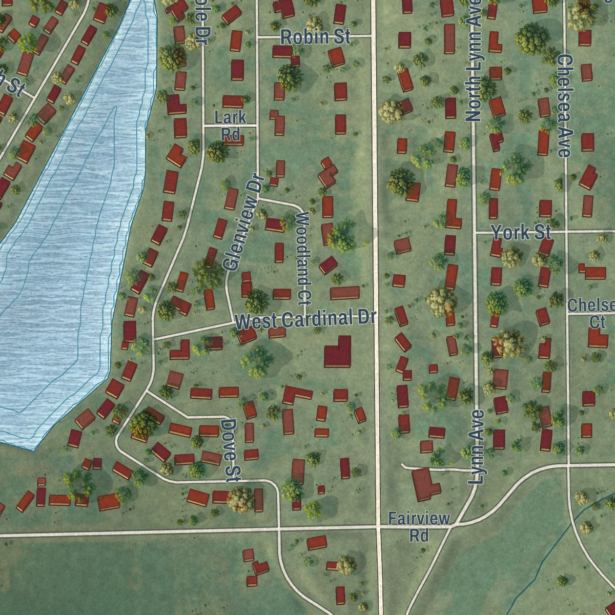 Close-up of the map of Willow Lake, Illinois print showing street and building detail