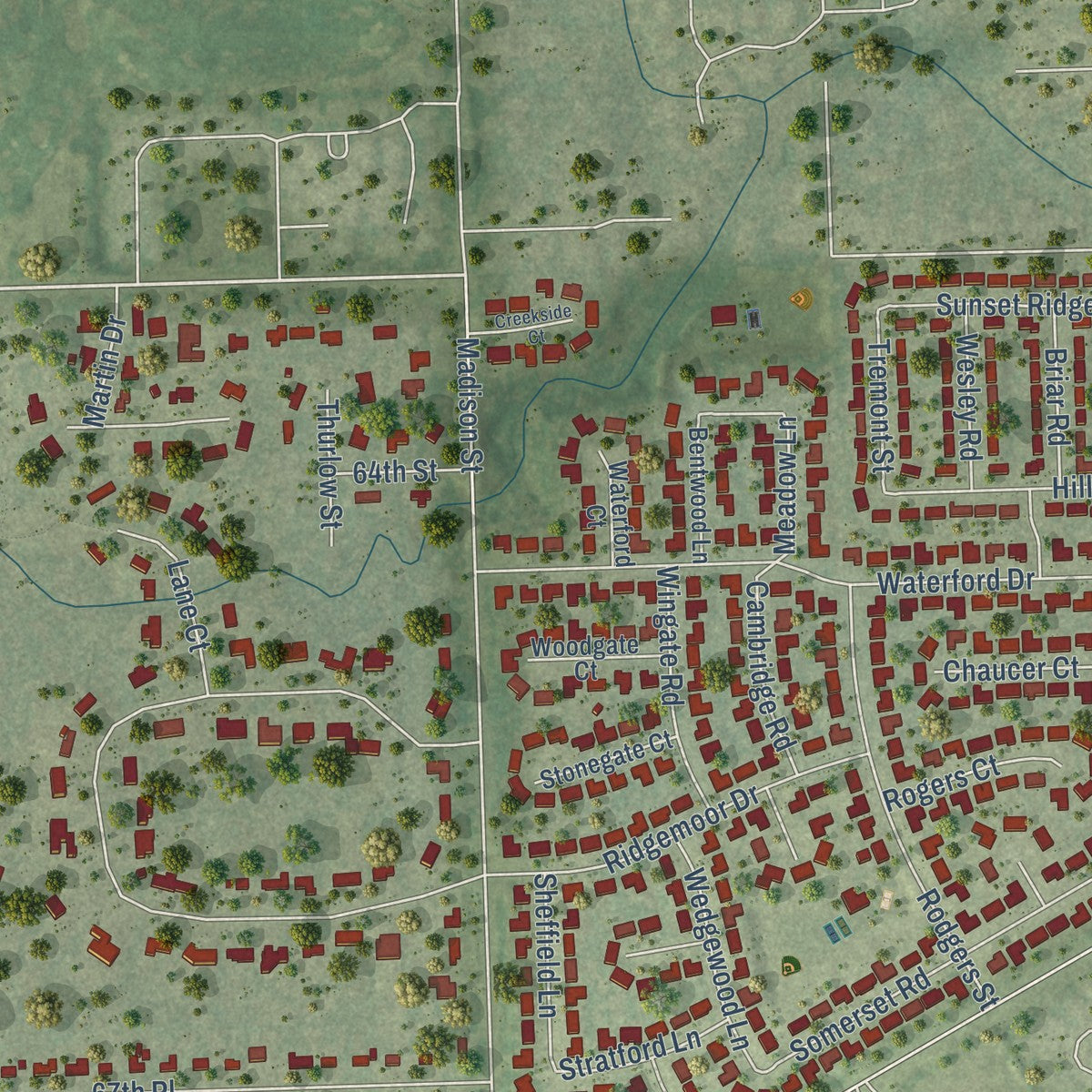Close-up of the map of Willowbrook, Illinois print showing street and building detail