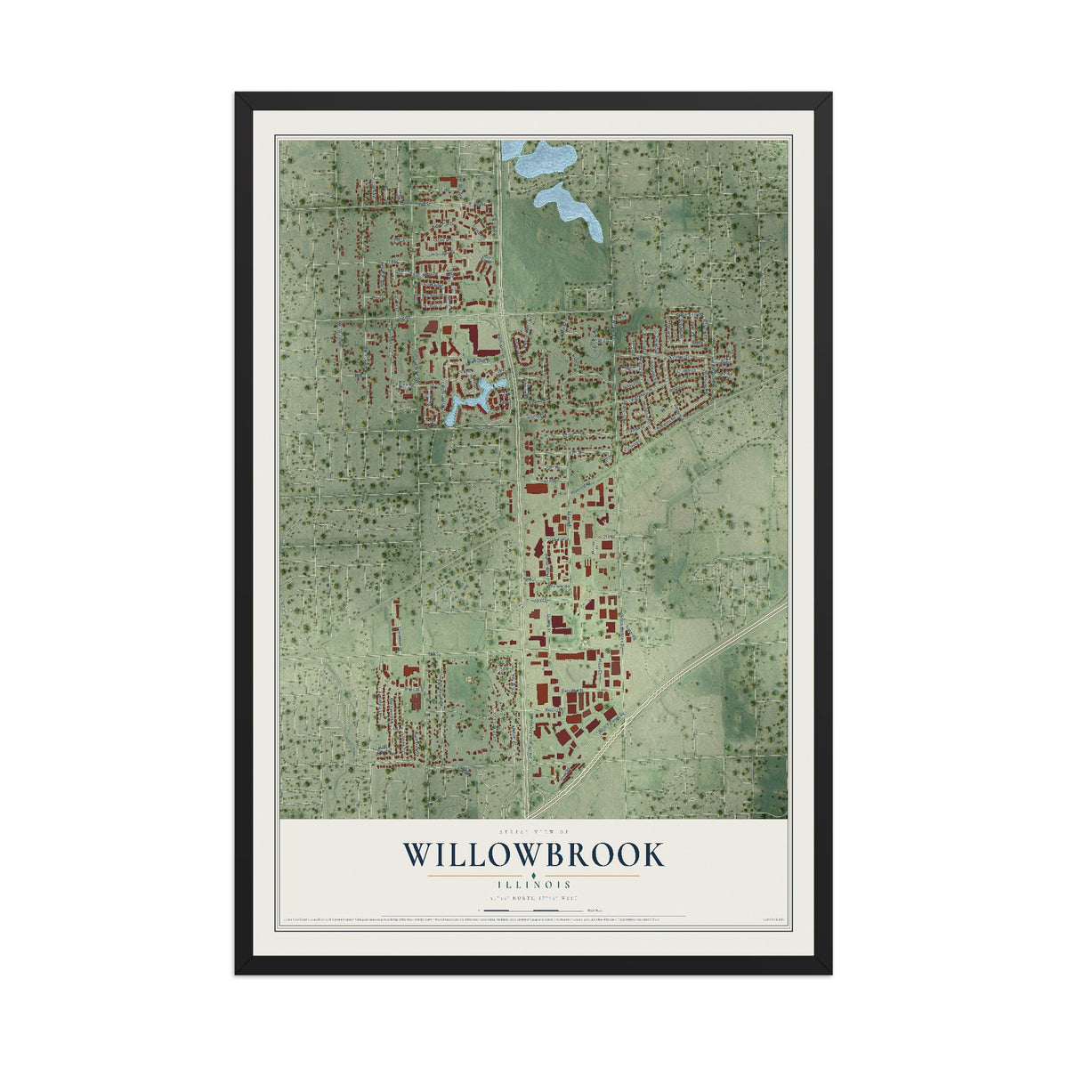Map of Willowbrook, Illinois, 12 x 18 inch print in a black wood frame