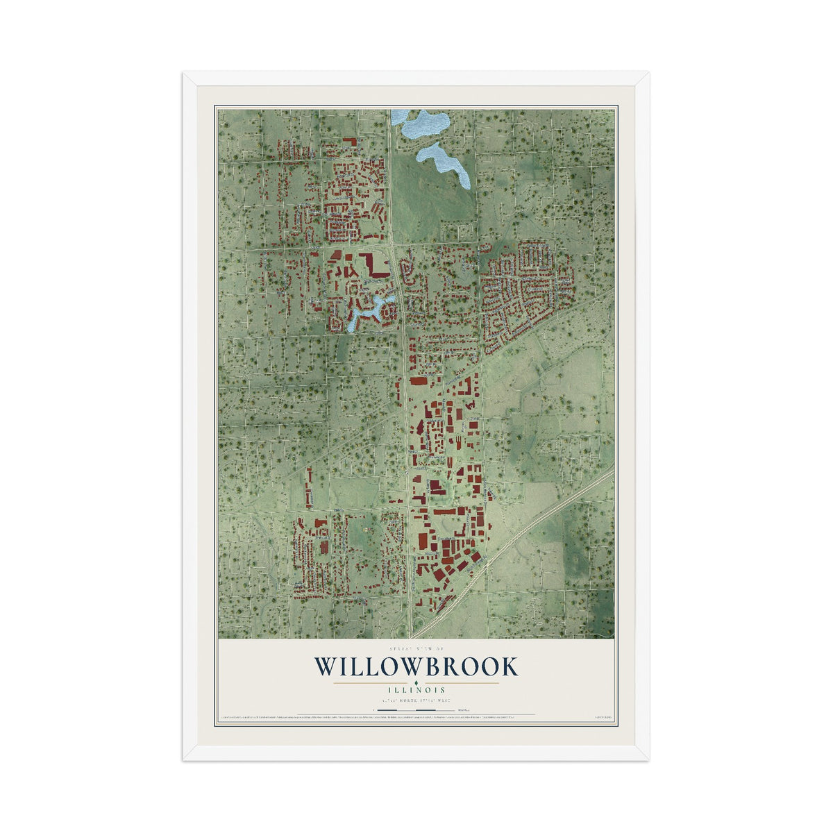 Map of Willowbrook, Illinois, 12 x 18 inch print in a white wood frame