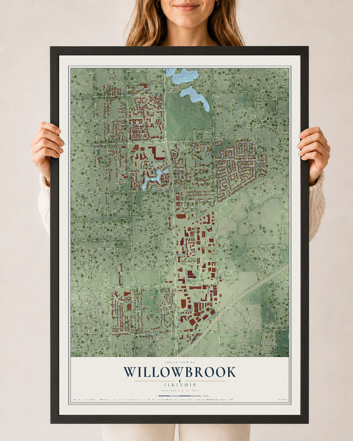 Map of Willowbrook, Illinois, 24 x 36 inch print in a black wood frame