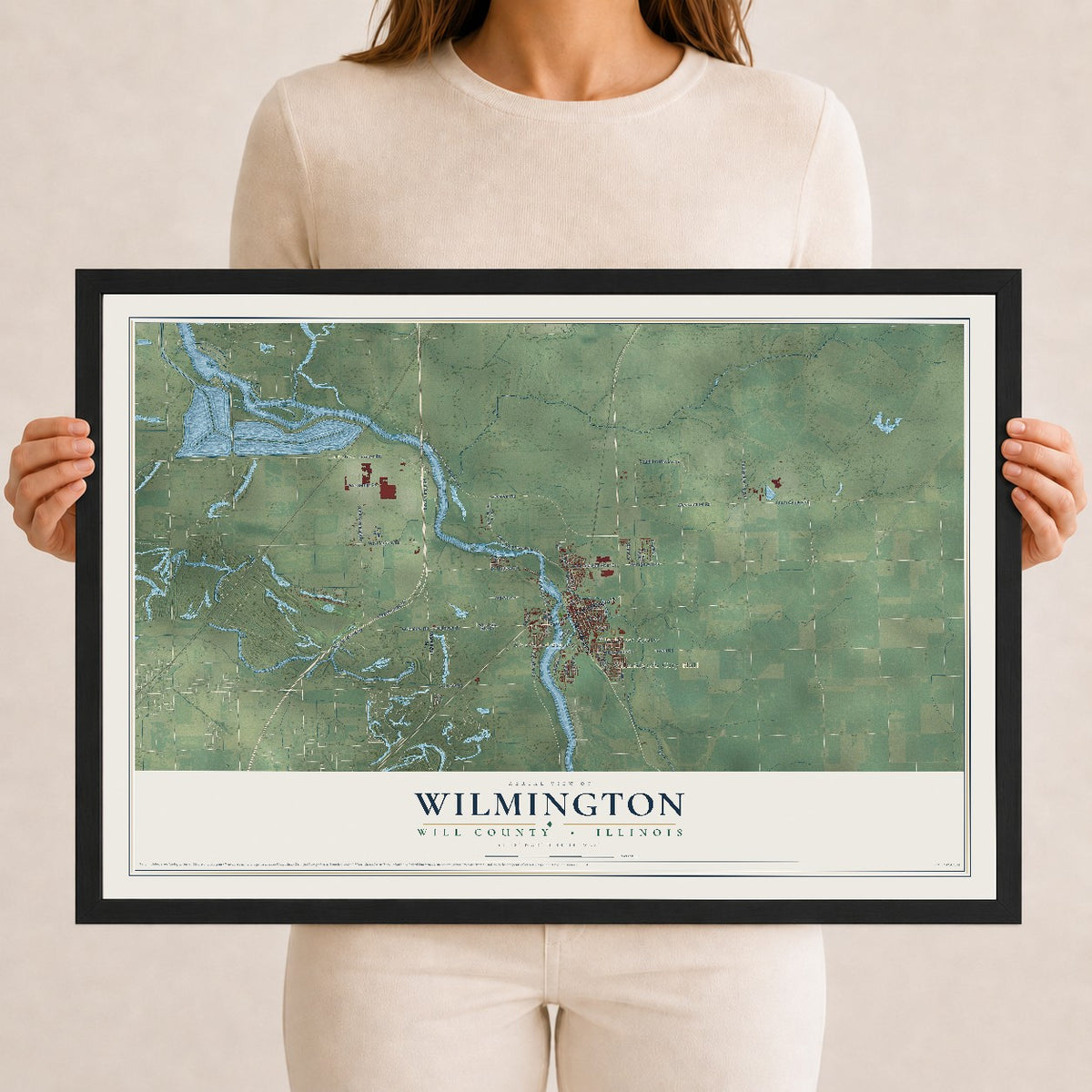 Map of Wilmington, Will County, Illinois, 12 x 18 inch print in a black wood frame