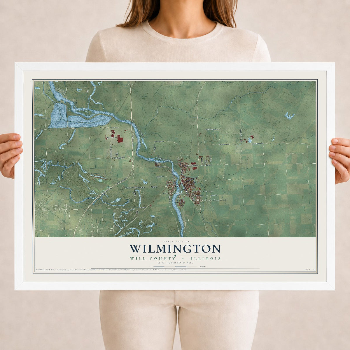 Map of Wilmington, Will County, Illinois, 18 x 24 inch print in a white wood frame
