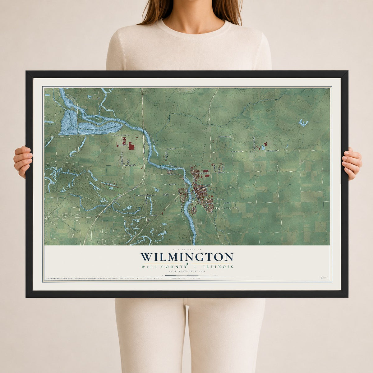Map of Wilmington, Will County, Illinois, 24 x 36 inch print in a black wood frame