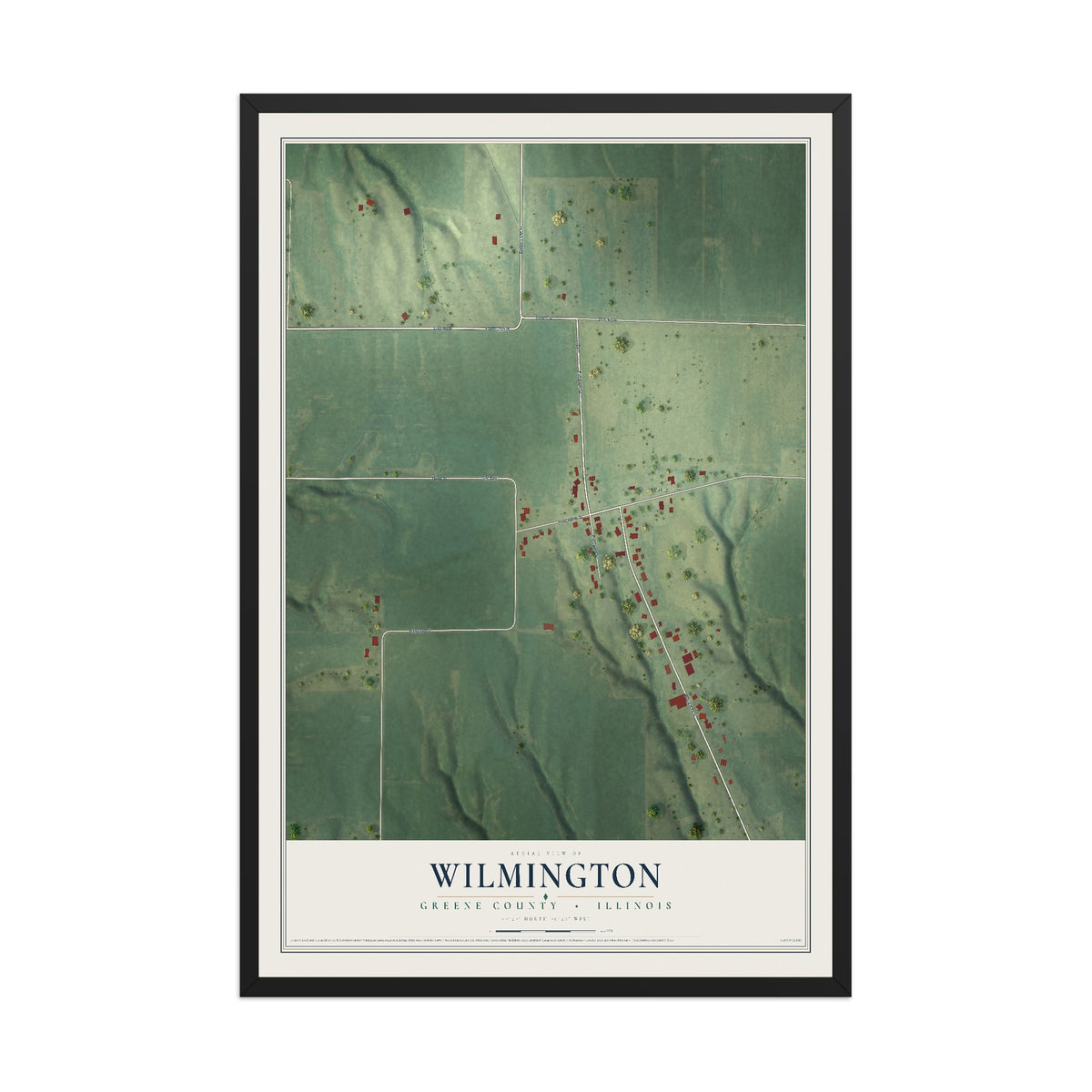 Map of Wilmington, Greene County, Illinois, 12 x 18 inch print in a black wood frame