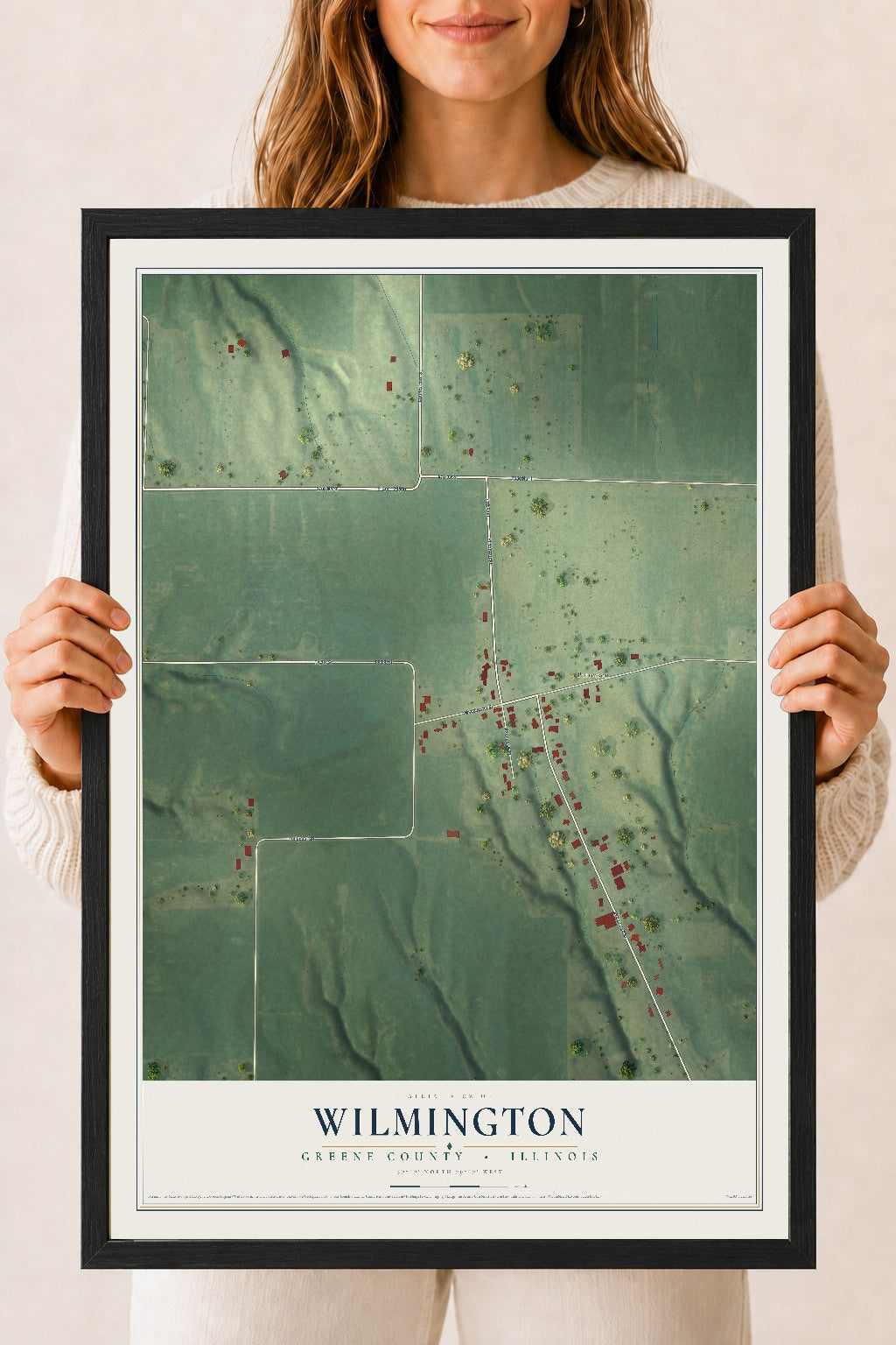 Map of Wilmington, Greene County, Illinois, 18 x 24 inch print in a black wood frame