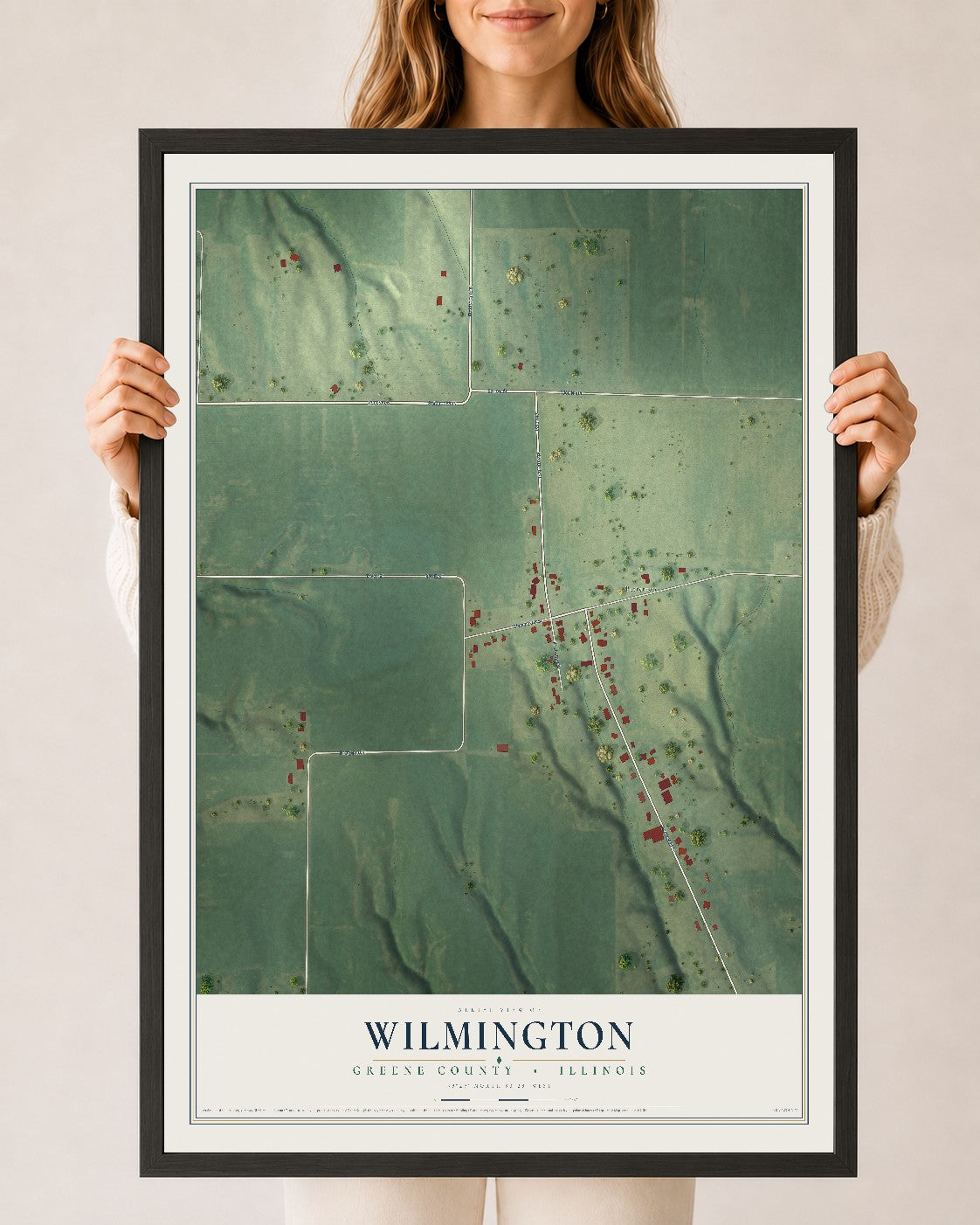 Map of Wilmington, Greene County, Illinois, 24 x 36 inch print in a black wood frame