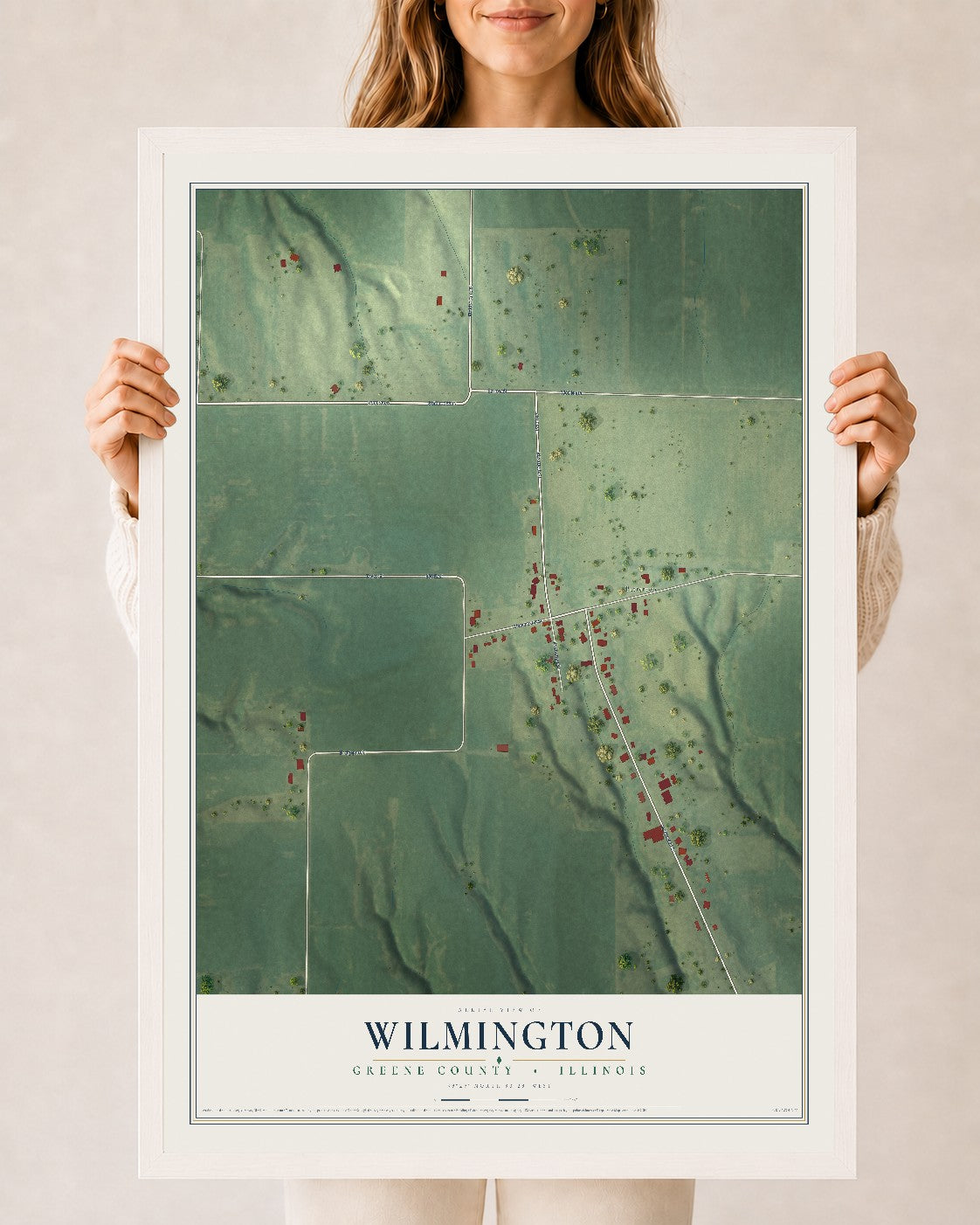 Map of Wilmington, Greene County, Illinois, 24 x 36 inch print in a white wood frame