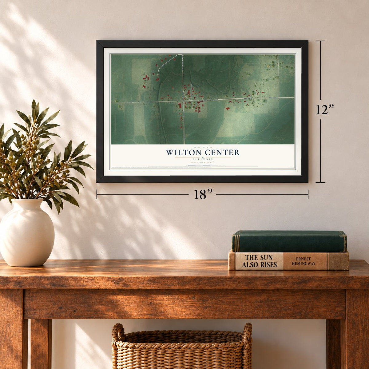 Wilton Center, Illinois map, 12 x 18 inch print in a black frame in an entryway