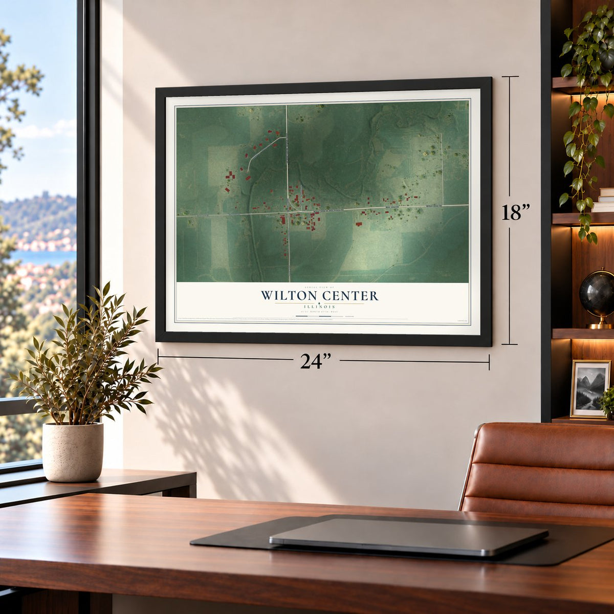 Wilton Center, Illinois map, 18 x 24 inch print in a black frame in a home office
