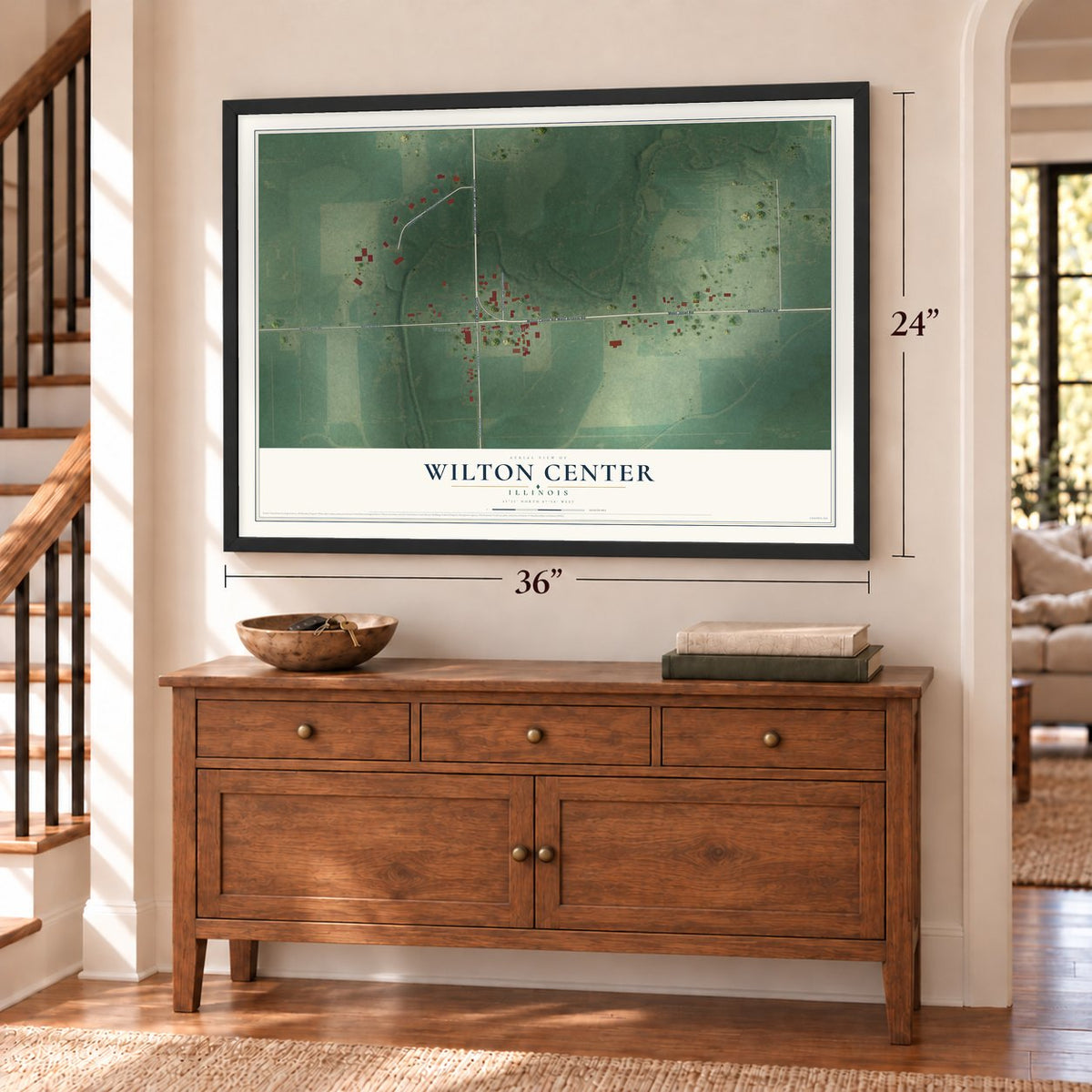 Wilton Center, Illinois map, 24 x 36 inch print in a black frame above a dresser by a staircase