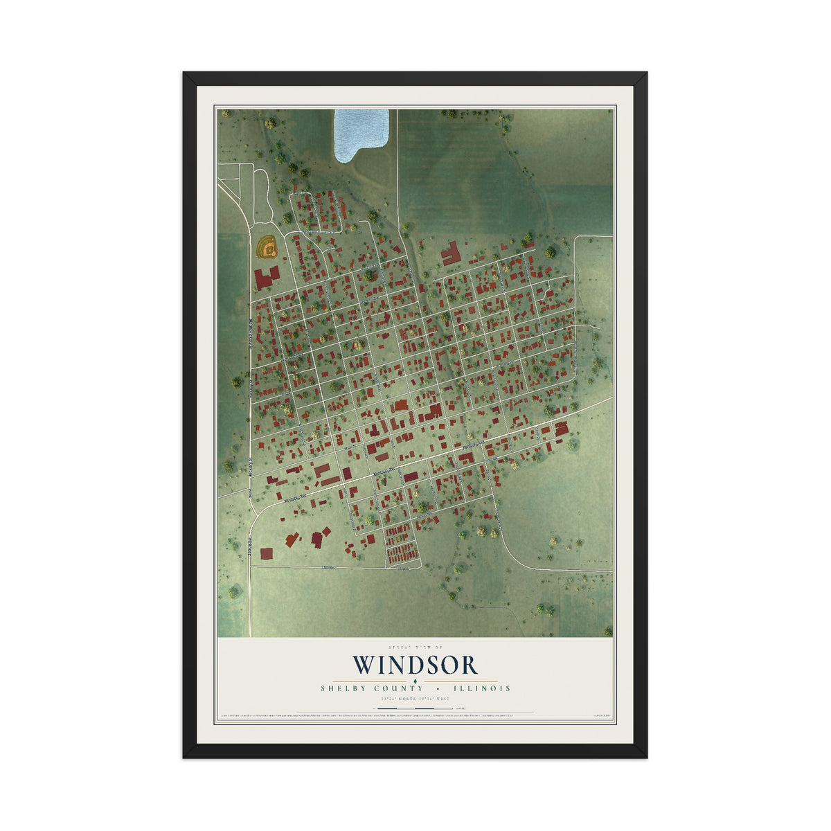 Map of Windsor, Shelby County, Illinois, 12 x 18 inch print in a black wood frame