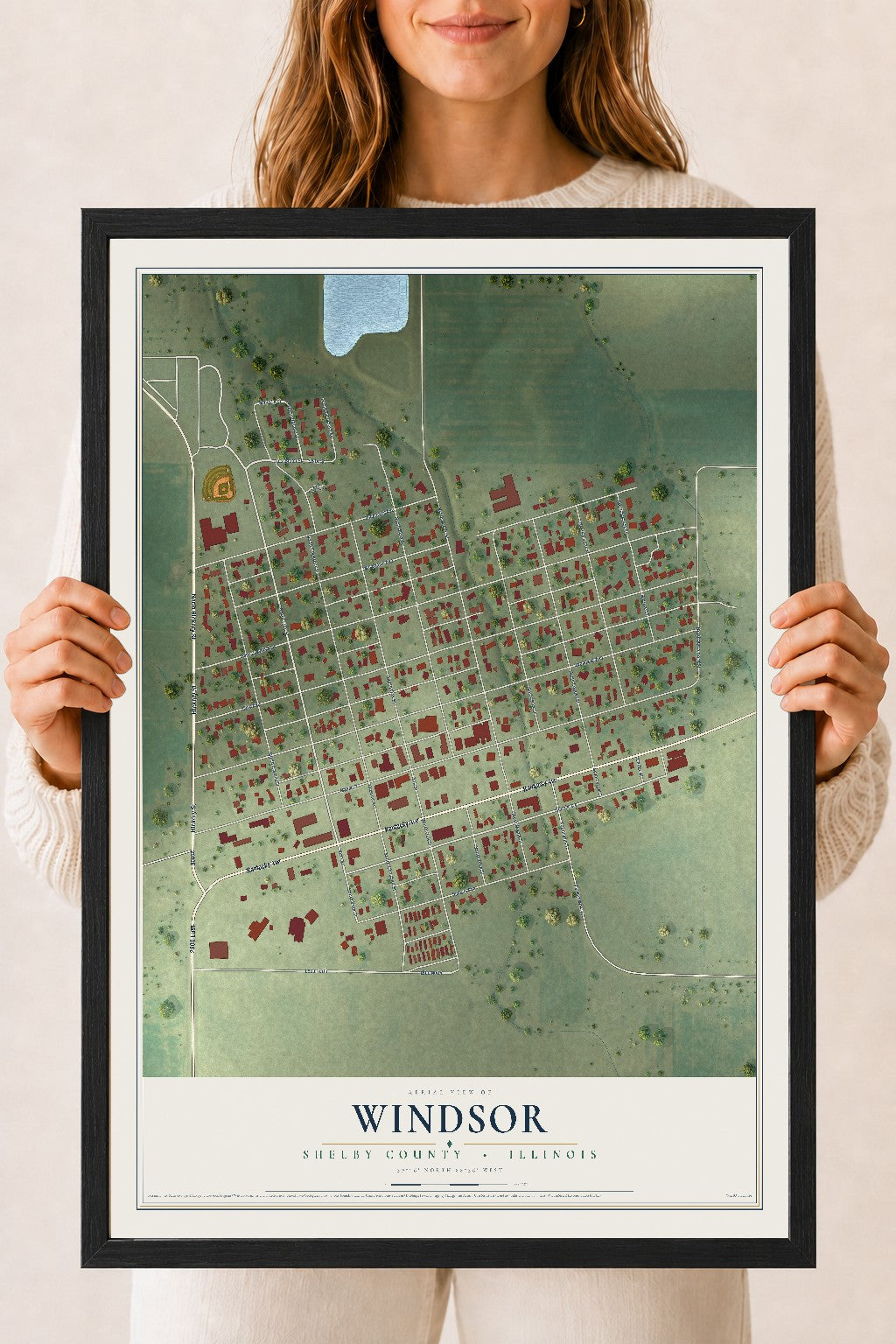 Map of Windsor, Shelby County, Illinois, 18 x 24 inch print in a black wood frame