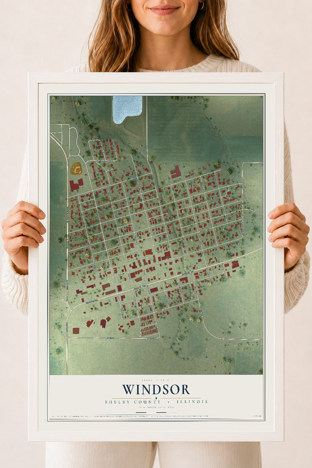 Map of Windsor, Shelby County, Illinois, 18 x 24 inch print in a white wood frame