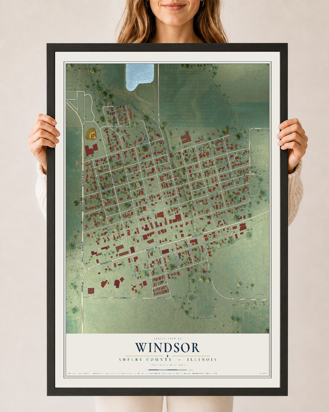 Map of Windsor, Shelby County, Illinois, 24 x 36 inch print in a black wood frame