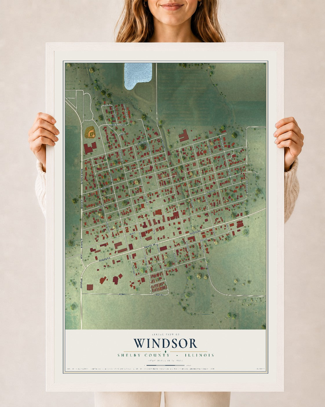Map of Windsor, Shelby County, Illinois, 24 x 36 inch print in a white wood frame
