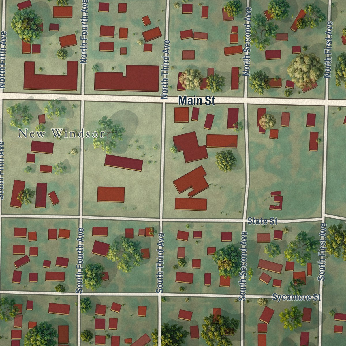 Close-up of the map of Windsor, Mercer County, Illinois print showing street and building detail