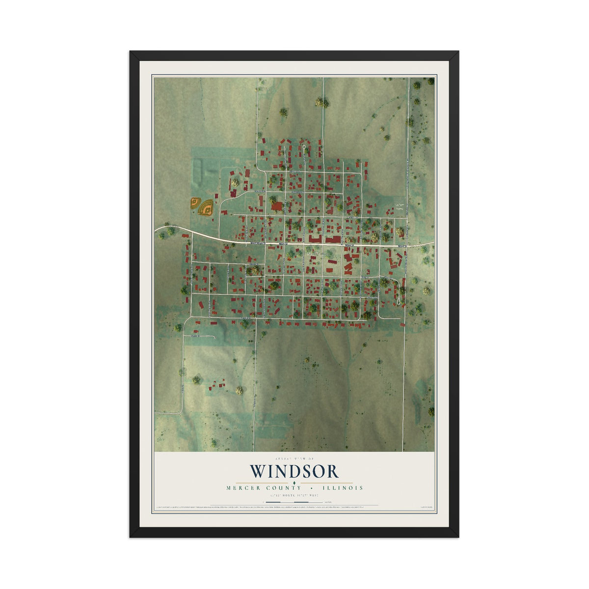 Map of Windsor, Mercer County, Illinois, 12 x 18 inch print in a black wood frame