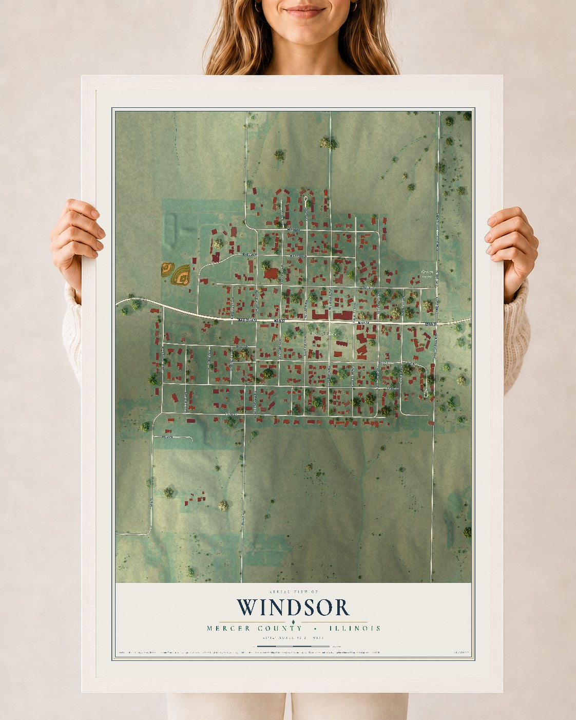 Map of Windsor, Mercer County, Illinois, 24 x 36 inch print in a white wood frame