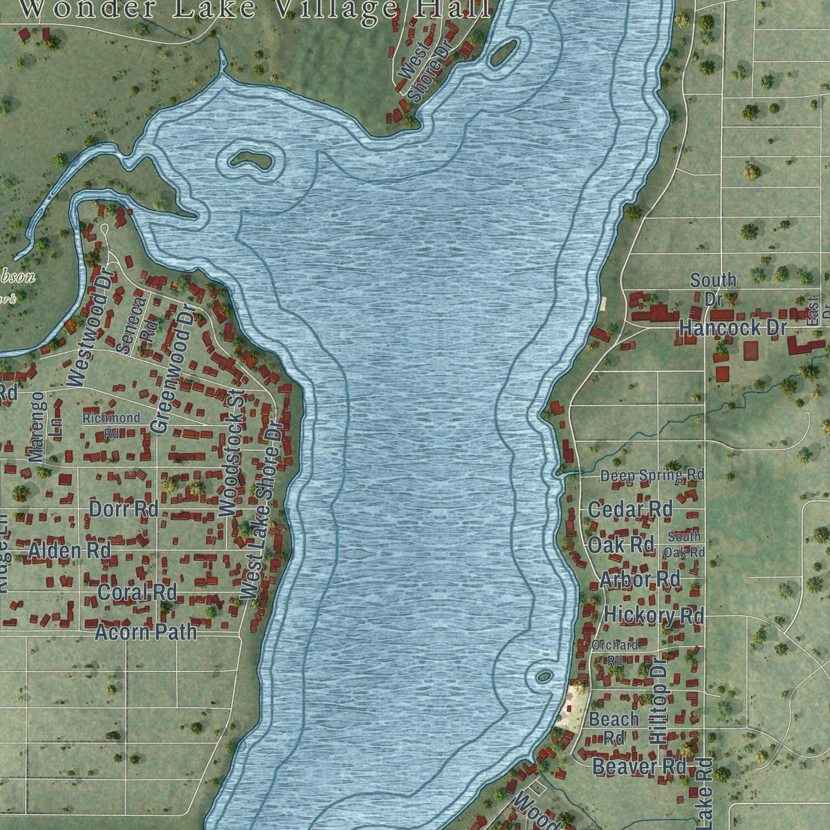 Close-up of the map of Wonder Lake, Illinois print showing street and building detail