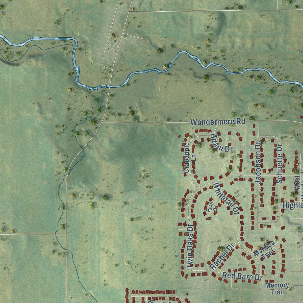 Second close-up of the map of Wonder Lake, Illinois print showing more streets and buildings