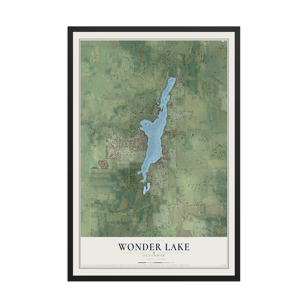 Map of Wonder Lake, Illinois, 12 x 18 inch print in a black wood frame