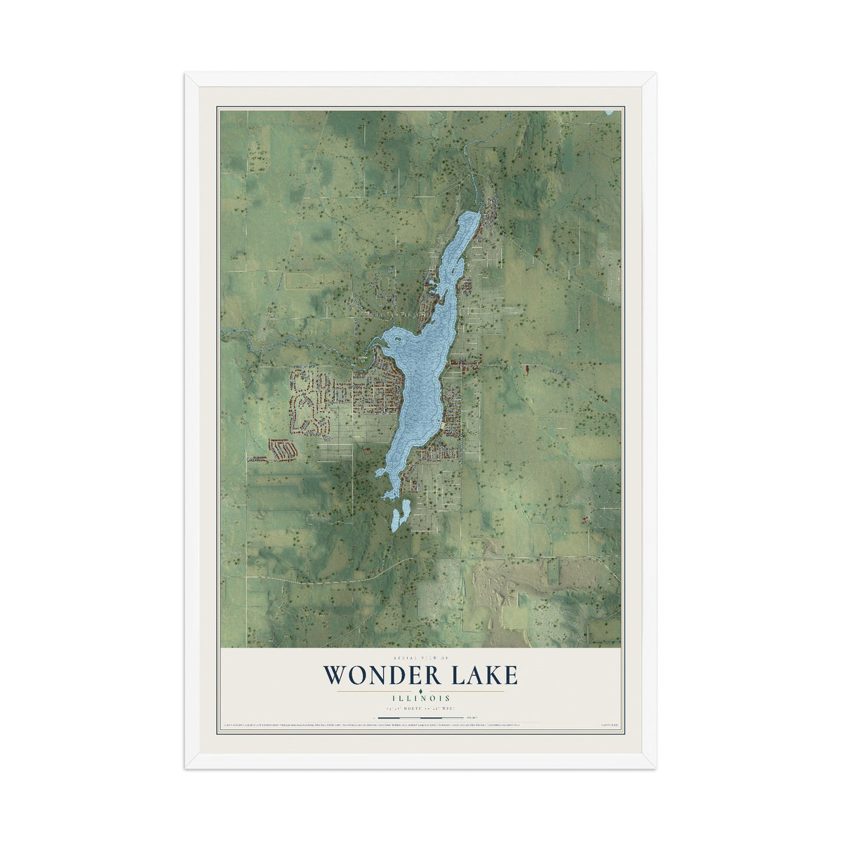 Map of Wonder Lake, Illinois, 12 x 18 inch print in a white wood frame