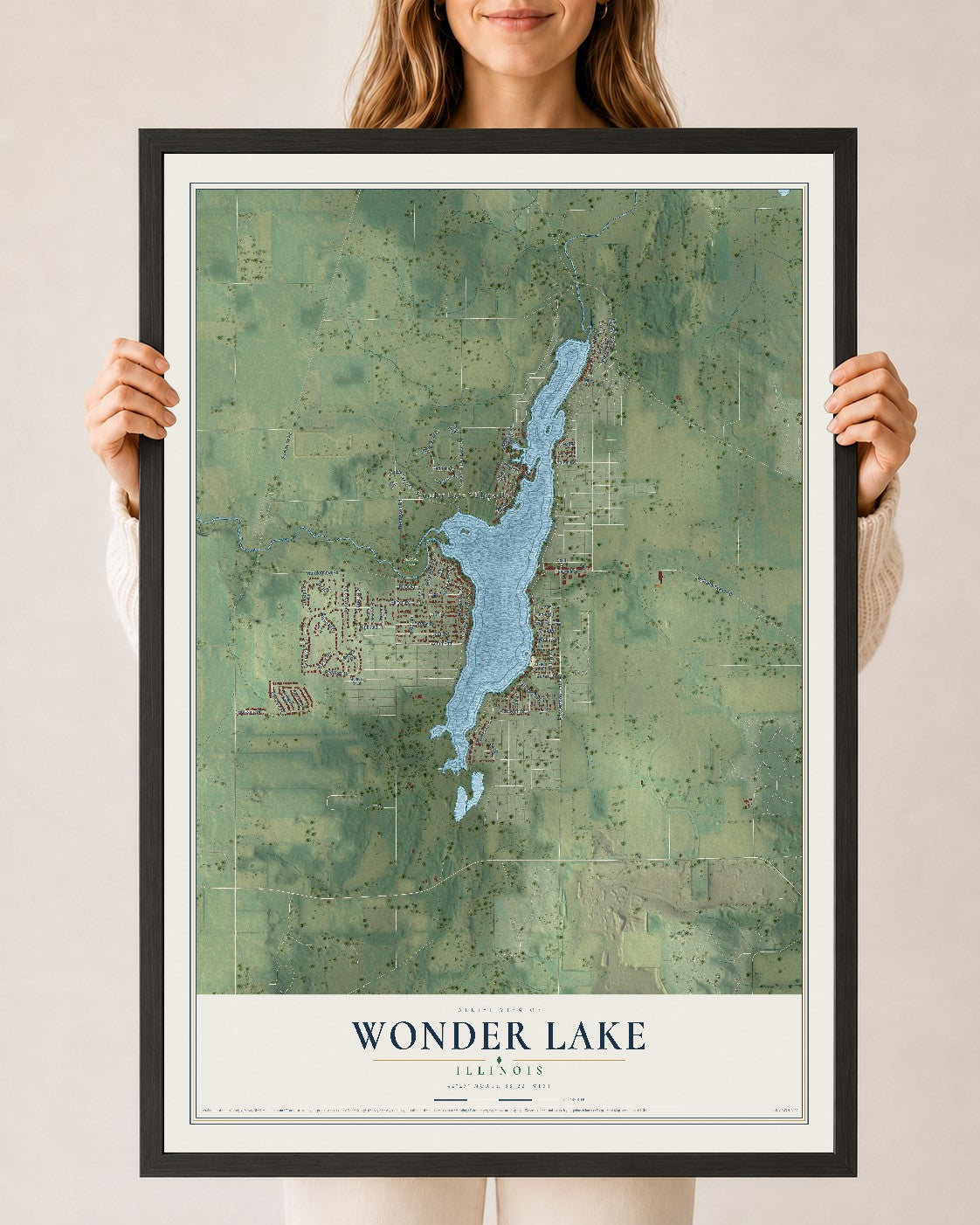 Map of Wonder Lake, Illinois, 24 x 36 inch print in a black wood frame