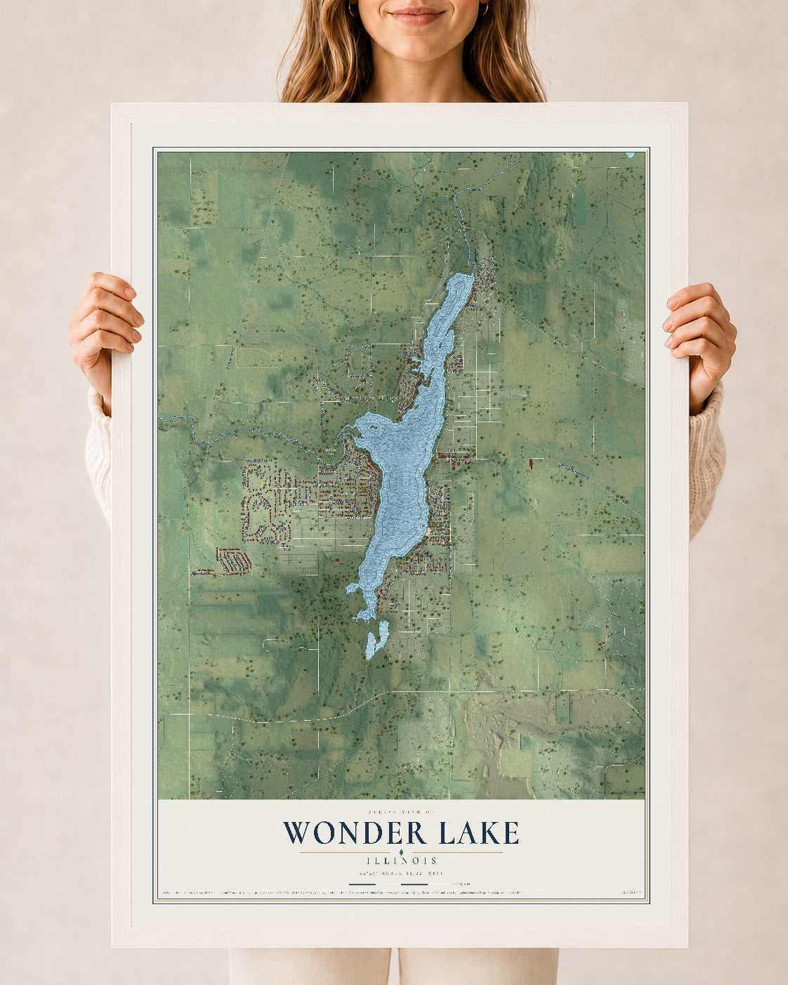Map of Wonder Lake, Illinois, 24 x 36 inch print in a white wood frame